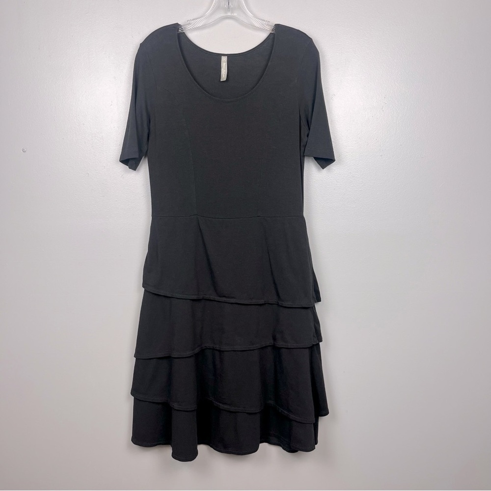 Hanna Andersson Women’s Black Cotton Blend Tiered Layered Ruffle Dress, Medium.